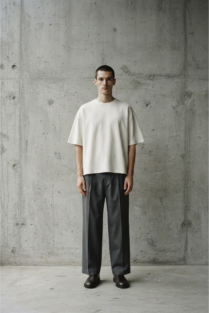 A model wearing the MIASIN bone Box Tee against a concrete wall